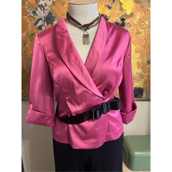 Alex Evenings Pink Satin Dressy V-Neck Back Zip 3/4 Sleeve Top W/ sparkly Black - Picture 1 of 9